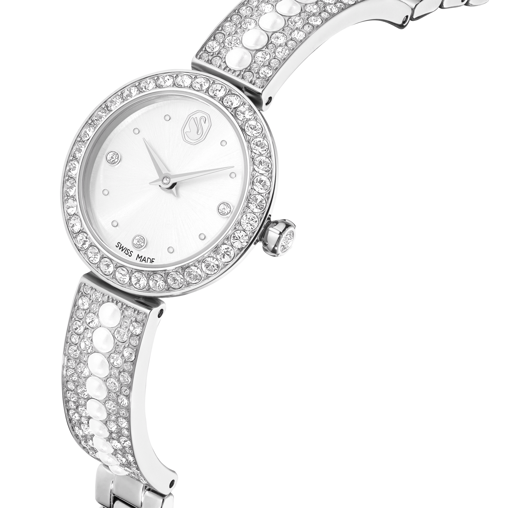 Matrix pearl bangle watch, Swiss Made, Crystal bracelet, White, Stainless steel