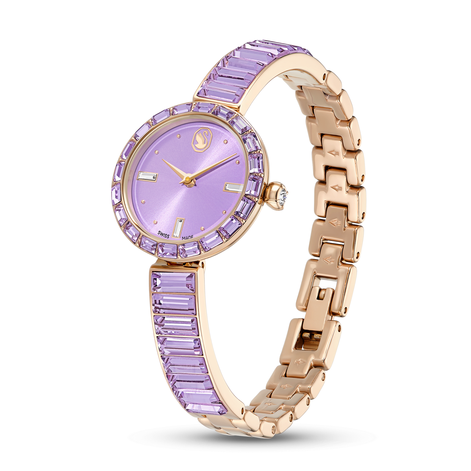 Matrix bangle watch, Swiss Made, Crystal bracelet, Purple, Champagne gold-tone finish
