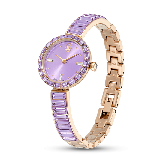 Matrix bangle watch, Swiss Made, Crystal bracelet, Purple, Champagne gold-tone finish