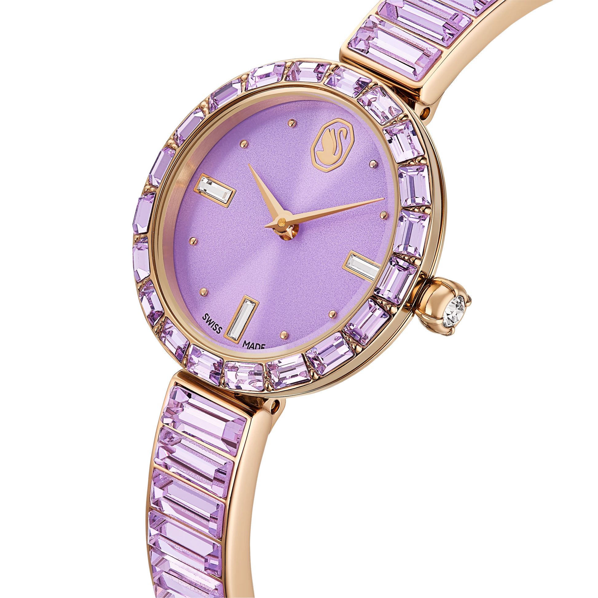 Matrix bangle watch, Swiss Made, Crystal bracelet, Purple, Champagne gold-tone finish
