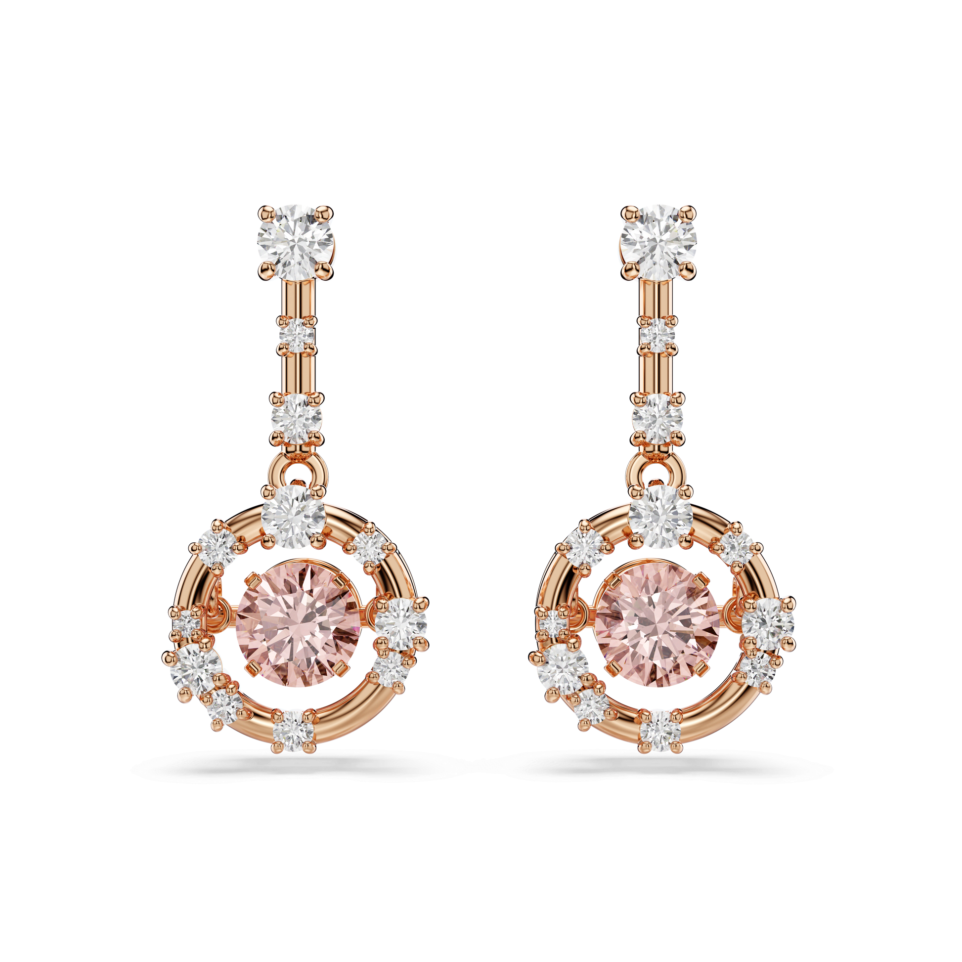 Constella drop earrings, Round cut, Dancing stone, Pink, 18K rose gold finish