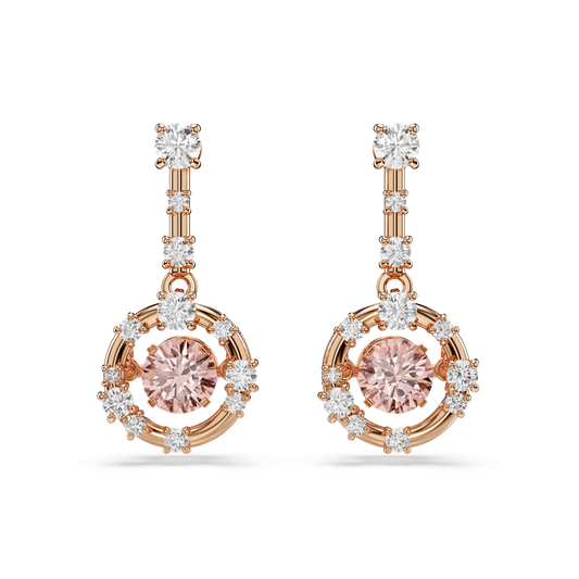 Constella drop earrings, Round cut, Dancing stone, Pink, 18K rose gold finish