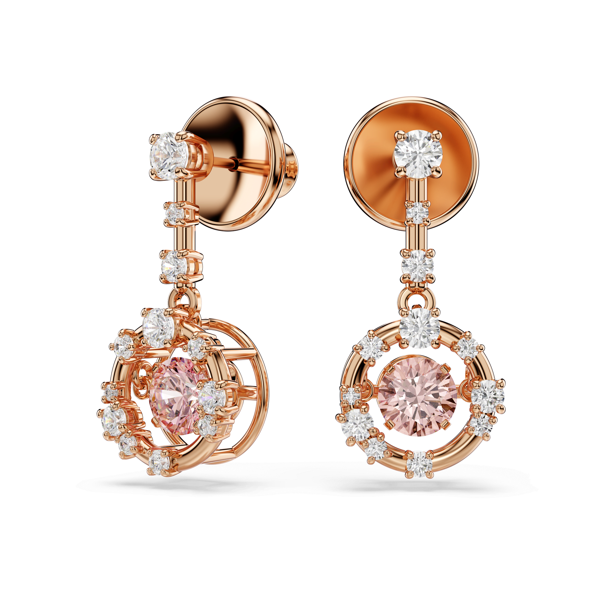 Constella drop earrings, Round cut, Dancing stone, Pink, 18K rose gold finish
