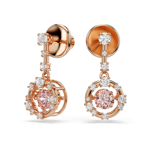 Constella drop earrings, Round cut, Dancing stone, Pink, 18K rose gold finish