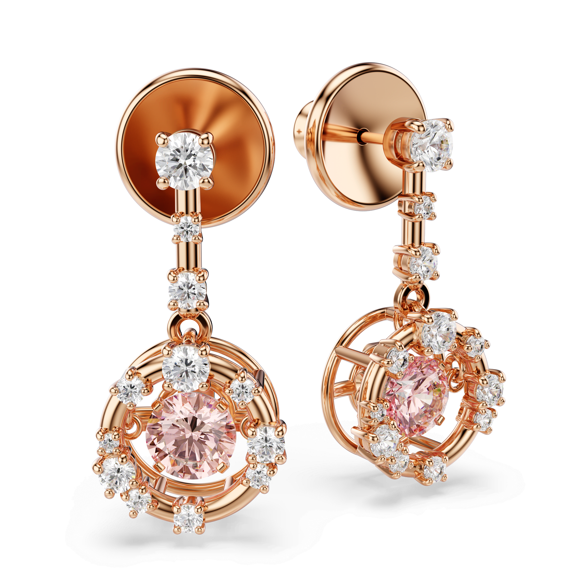 Constella drop earrings, Round cut, Dancing stone, Pink, 18K rose gold finish