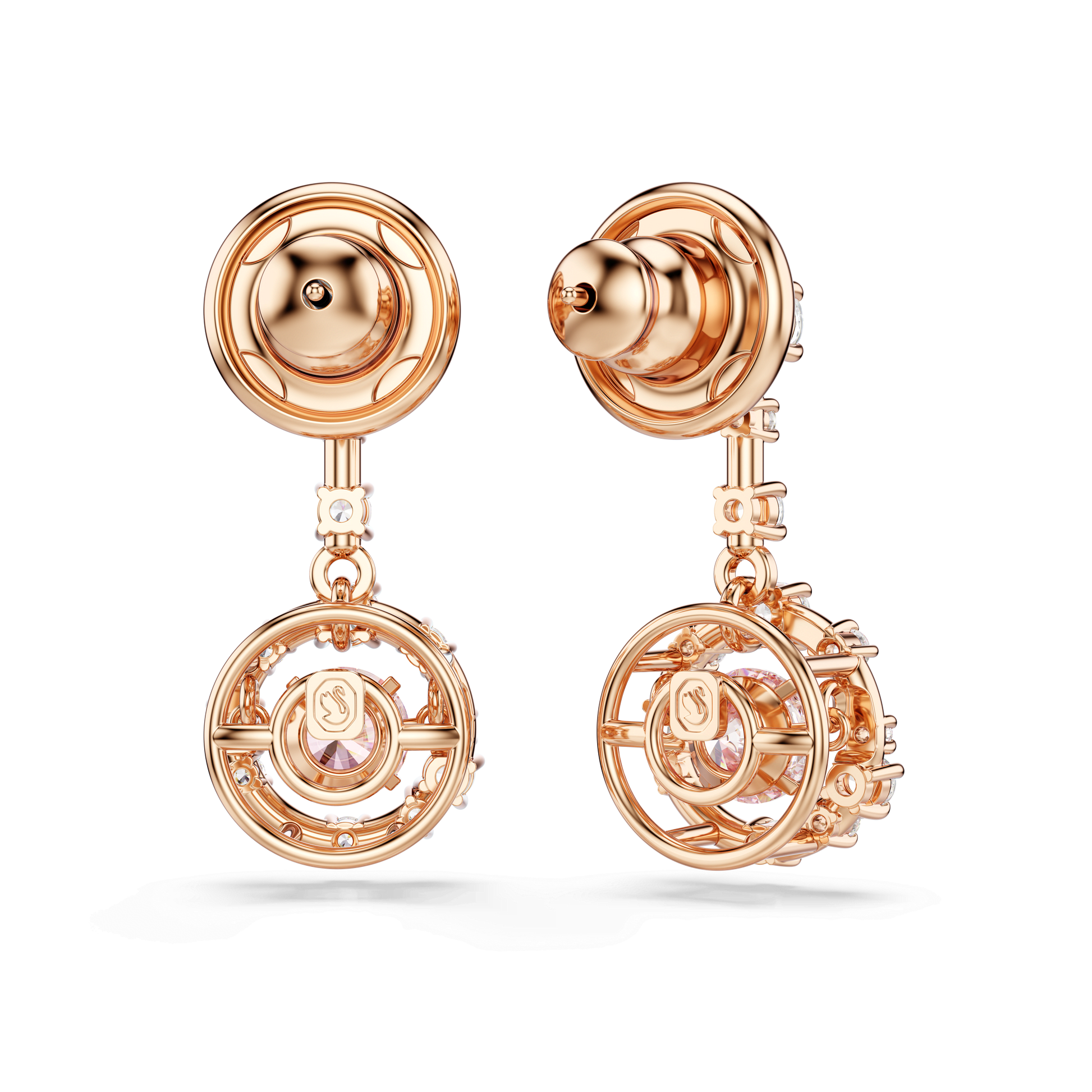 Constella drop earrings, Round cut, Dancing stone, Pink, 18K rose gold finish