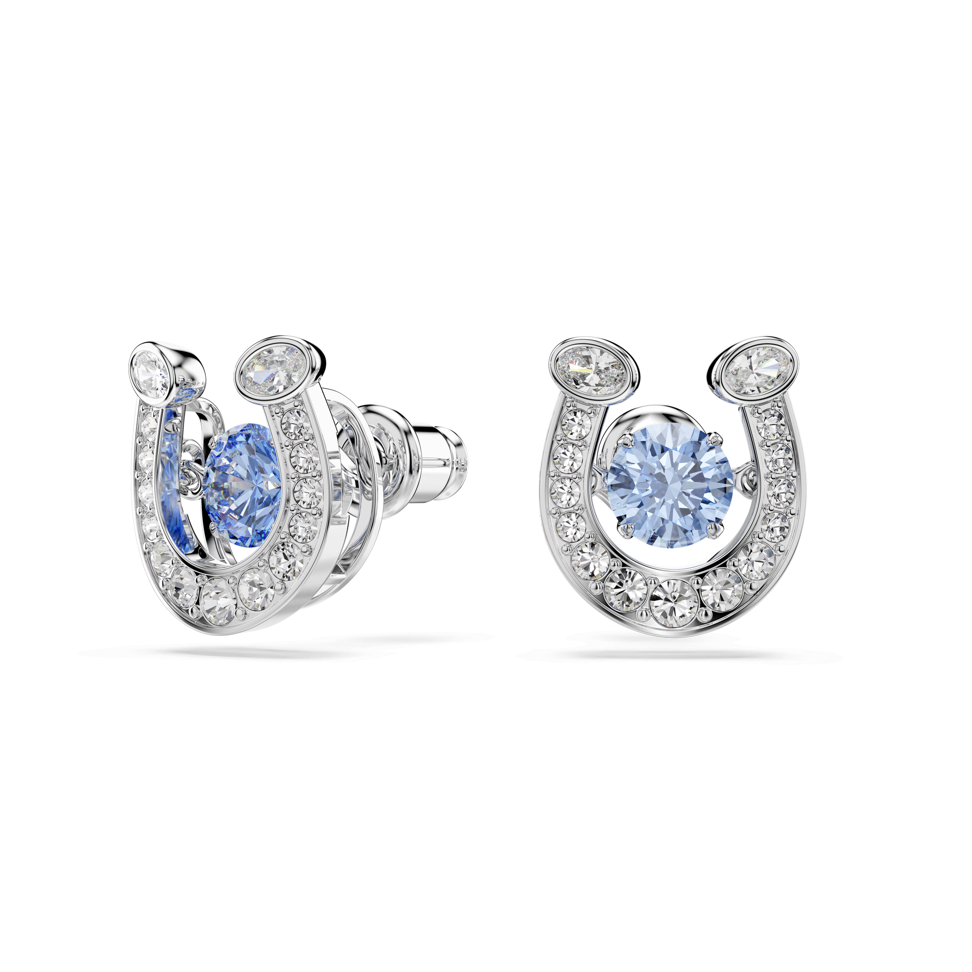 Symbolica stud earrings, Round cut, Pavé, Horse shoe, Blue, Rhodium plated