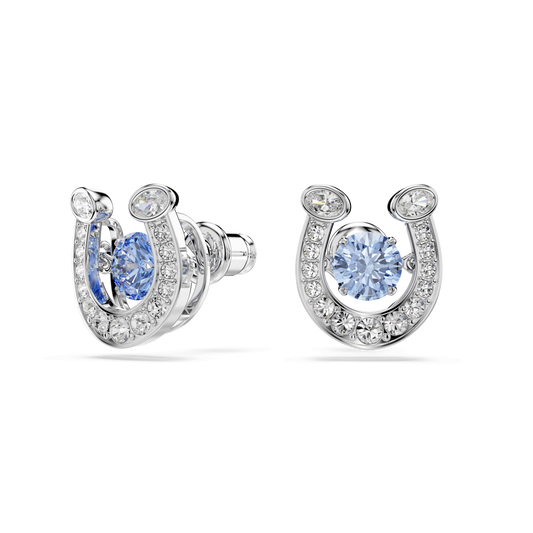 Symbolica stud earrings, Round cut, Pavé, Horse shoe, Blue, Rhodium plated