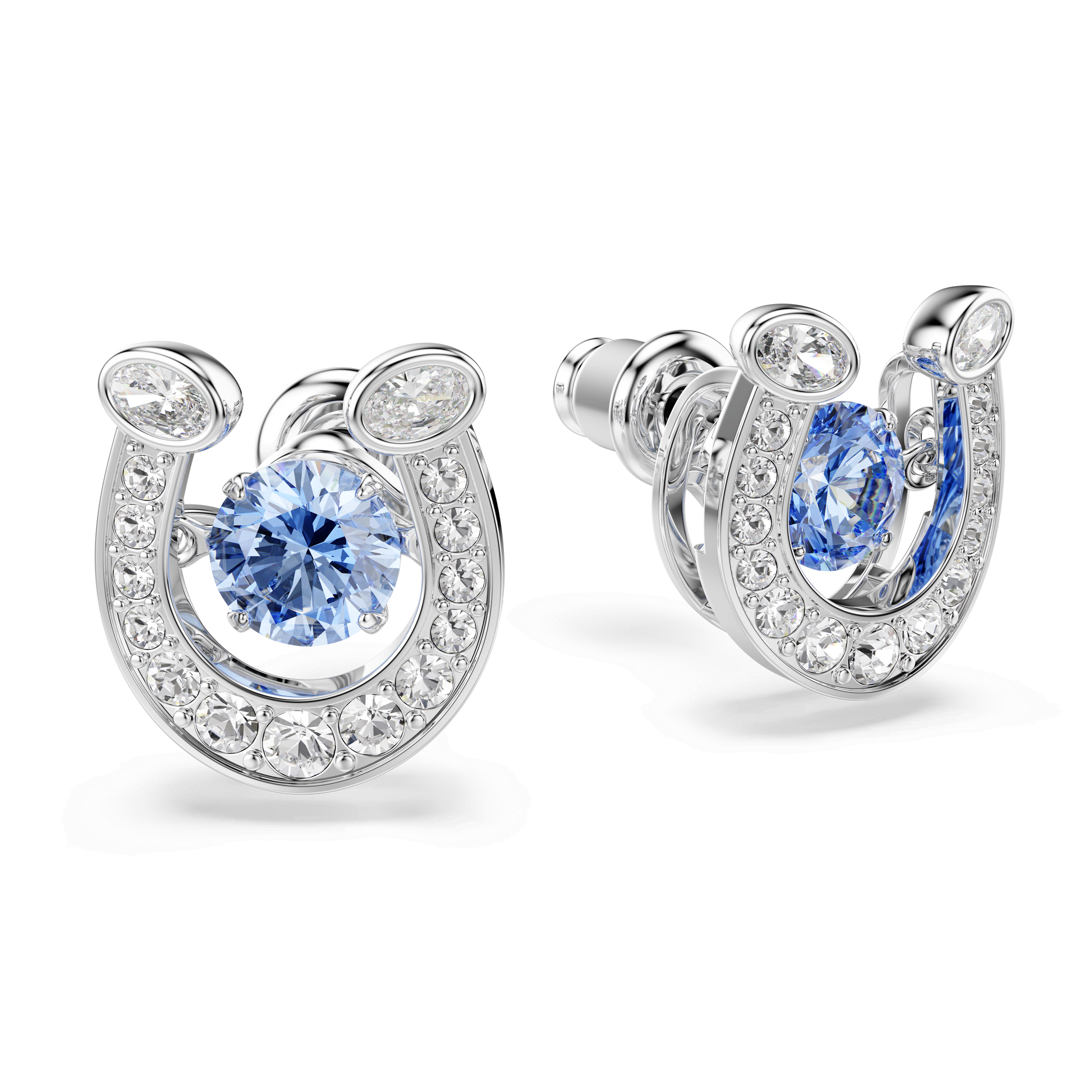 Symbolica stud earrings, Round cut, Pavé, Horse shoe, Blue, Rhodium plated