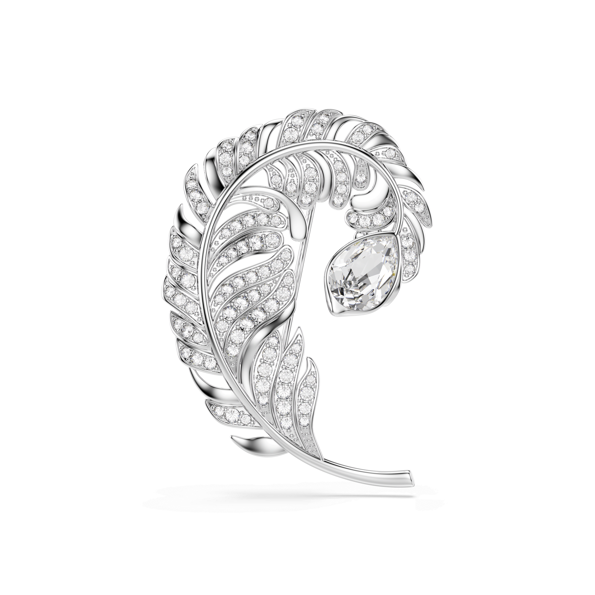 Idyllia brooch, Mixed cuts, Feather, Rhodium plated