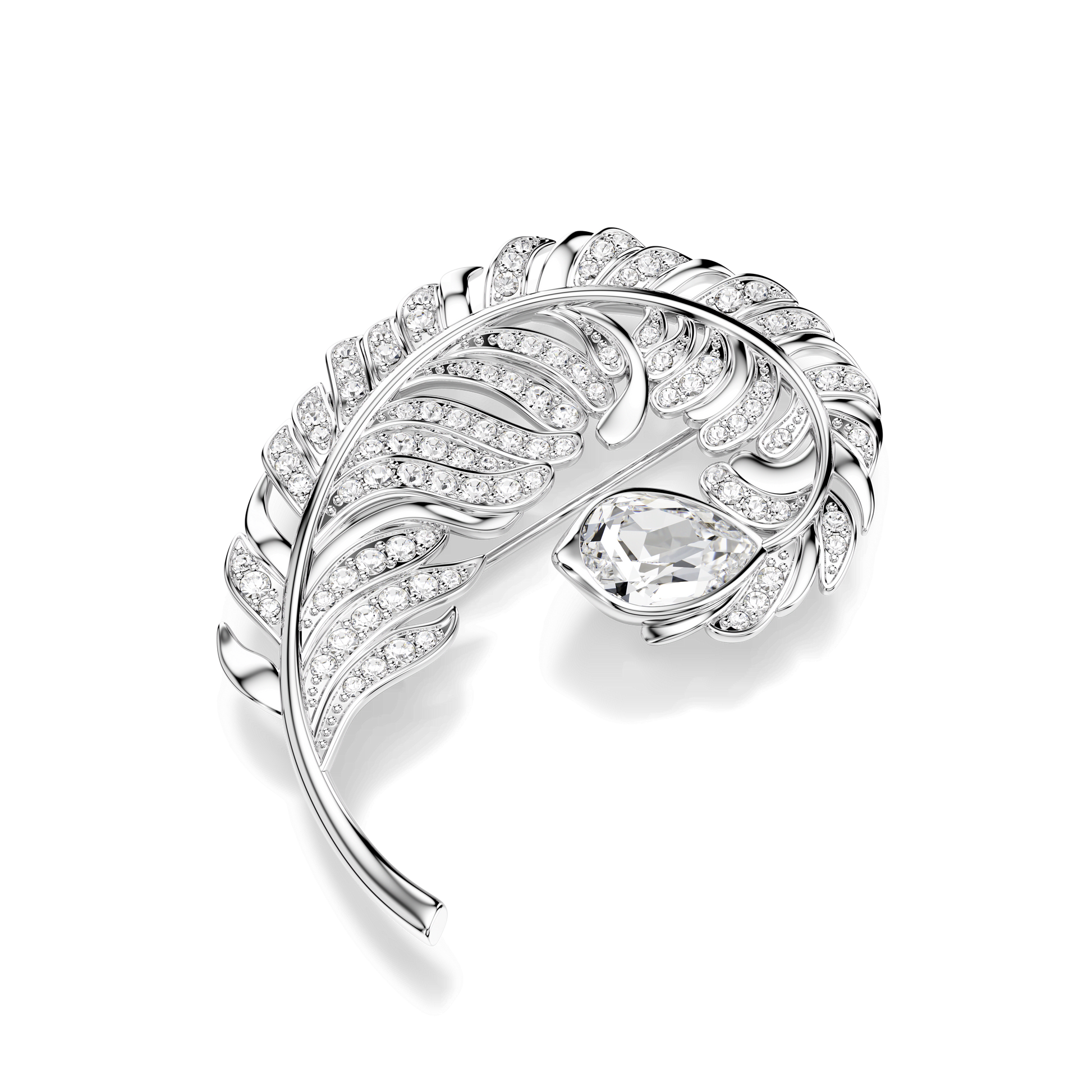 Idyllia brooch, Mixed cuts, Feather, Rhodium plated
