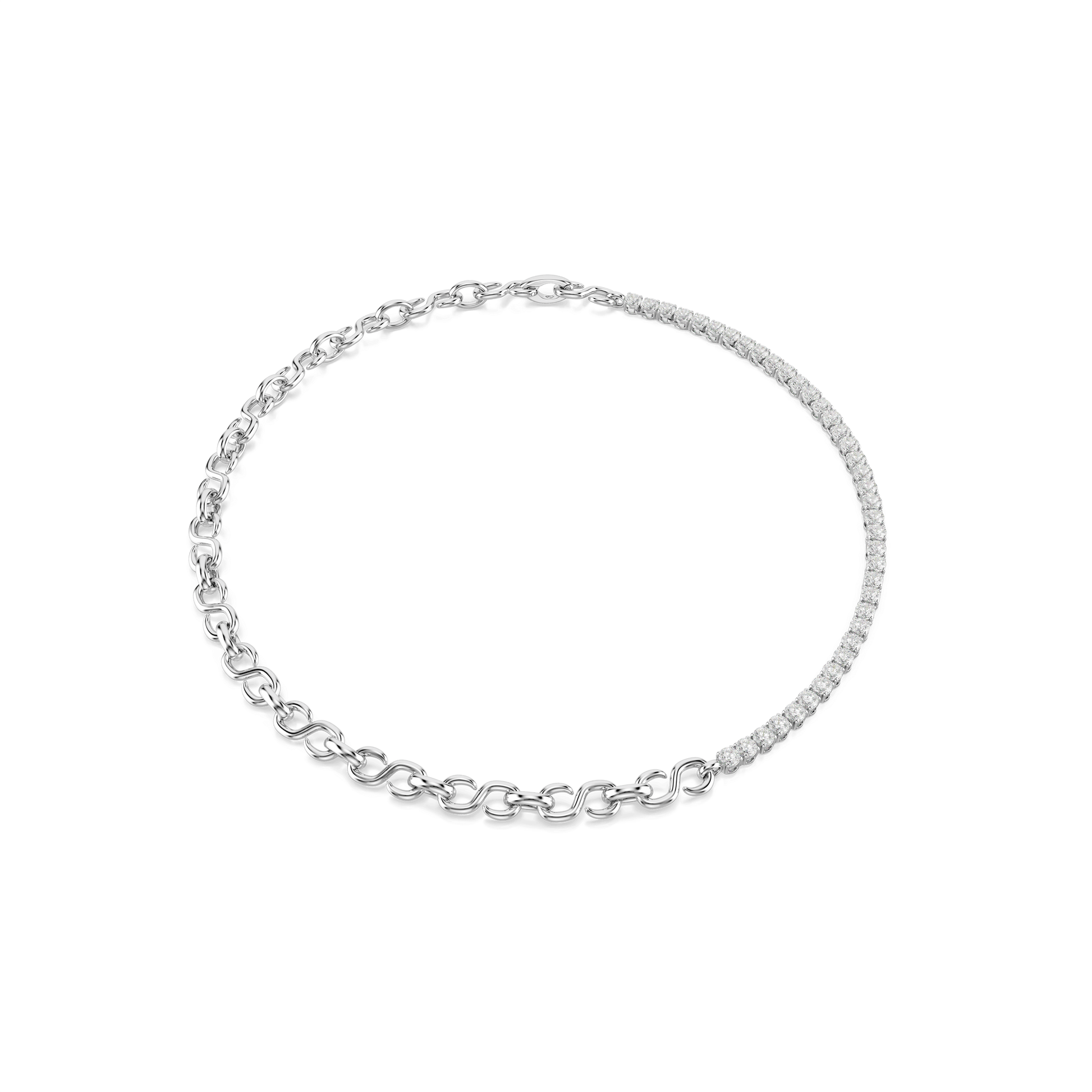 Matrix necklace, S-shape, Round cut, White, Rhodium plated