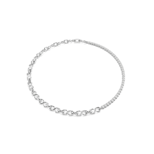Matrix necklace, S-shape, Round cut, White, Rhodium plated