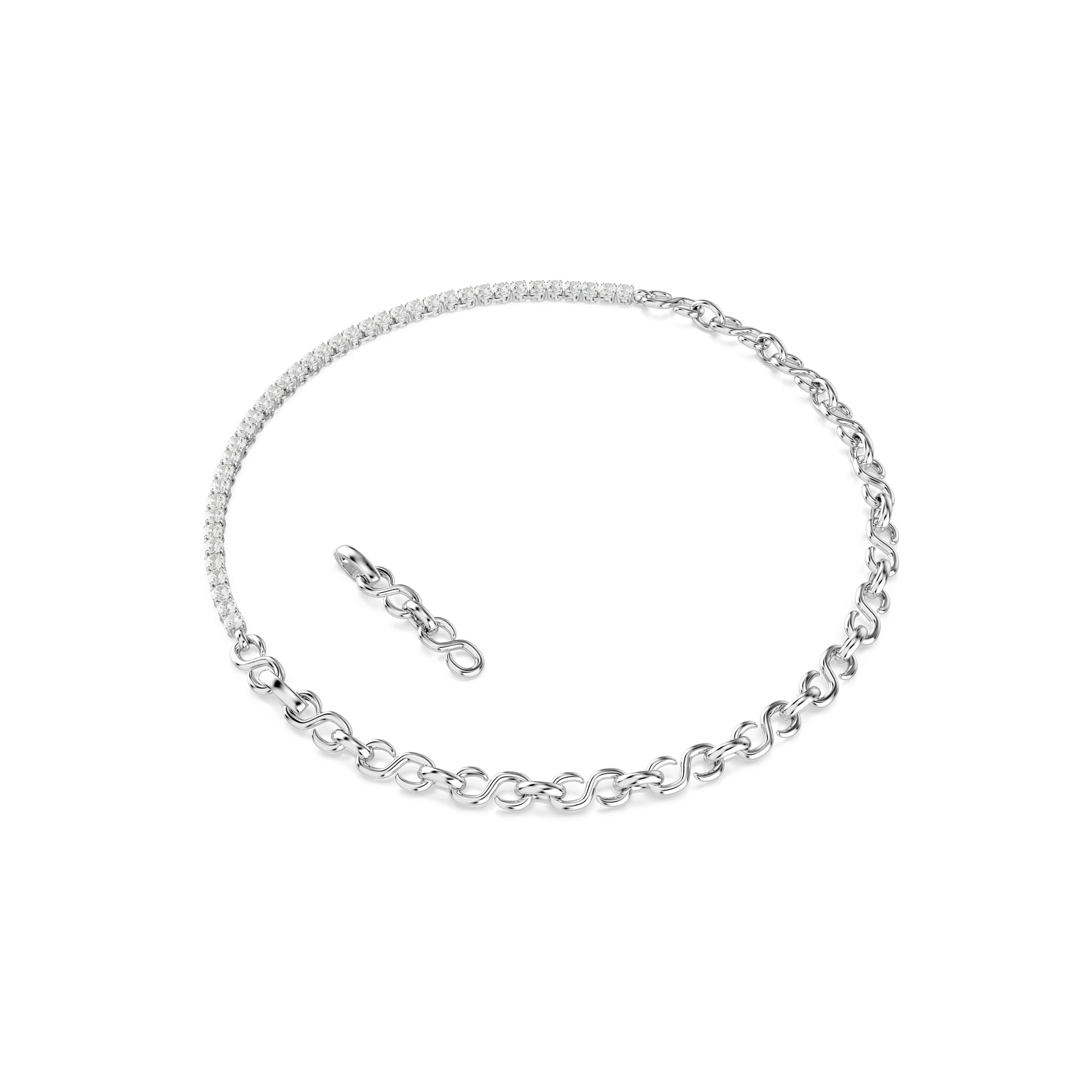Matrix necklace, S-shape, Round cut, White, Rhodium plated