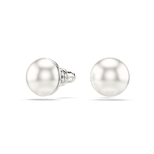 Matrix stud earrings, Crystal pearl, White, Rhodium plated