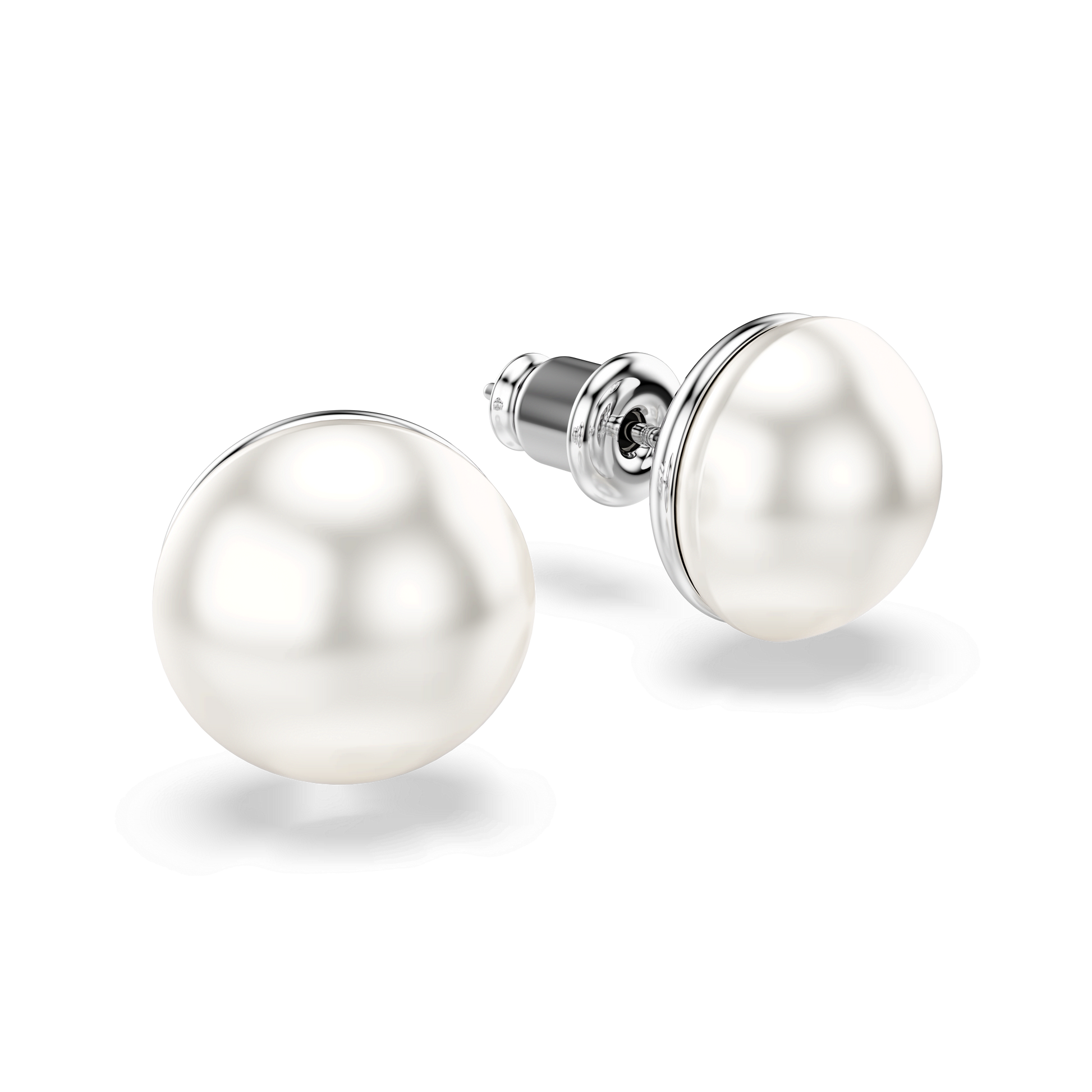 Matrix stud earrings, Crystal pearl, White, Rhodium plated