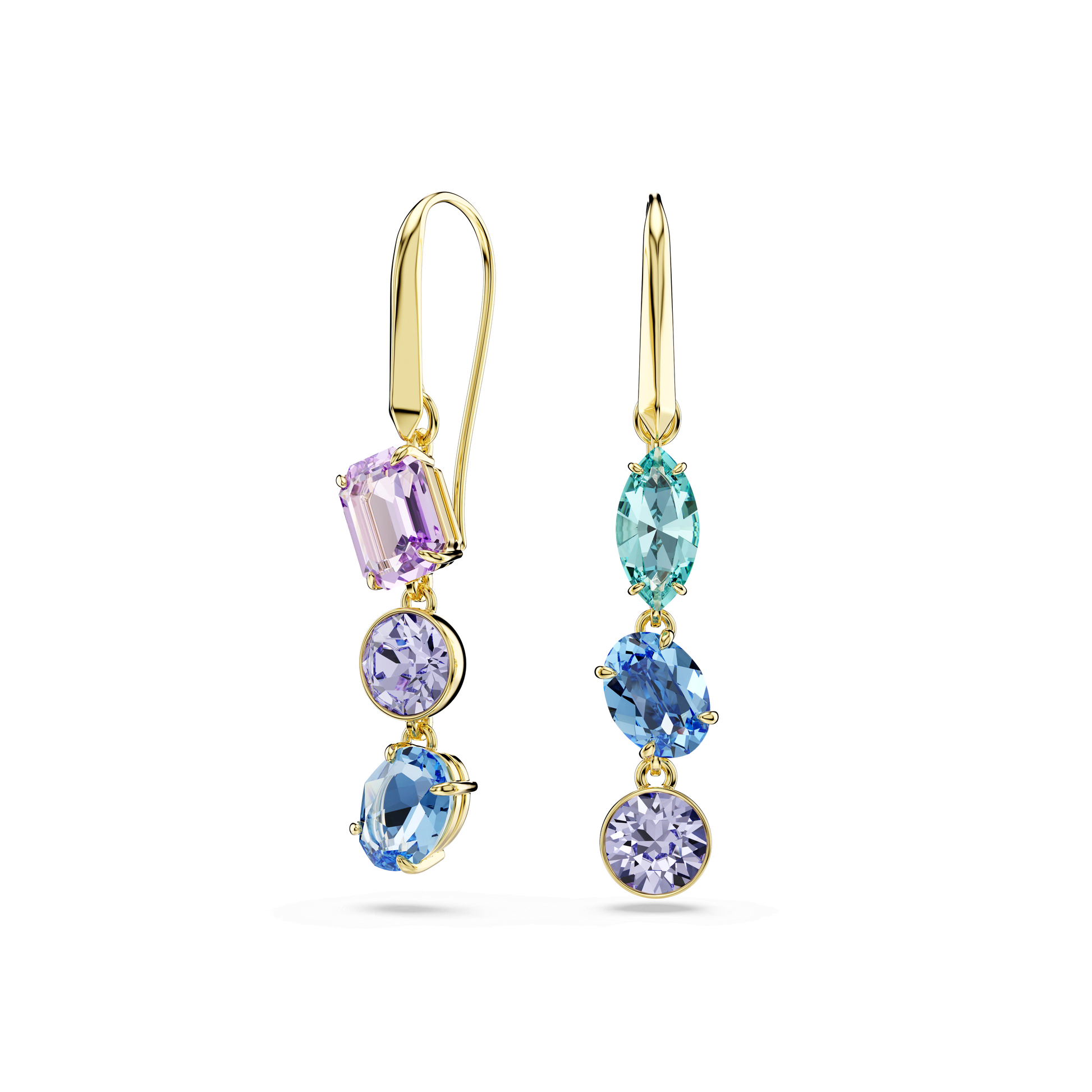 Gema drop earrings, Asymmetrical design, Mixed cuts, Multicolored, 18K gold finish