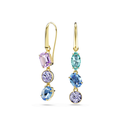 Gema drop earrings, Asymmetrical design, Mixed cuts, Multicolored, 18K gold finish