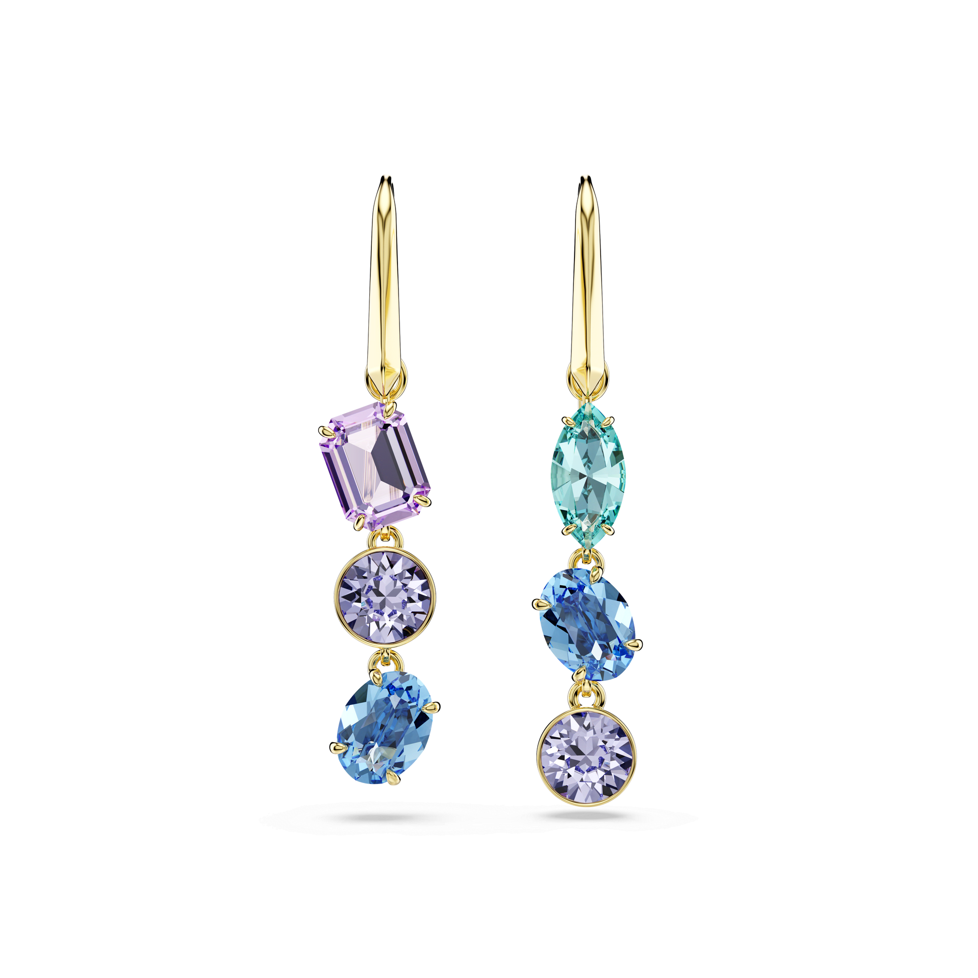 Gema drop earrings, Asymmetrical design, Mixed cuts, Multicolored, 18K gold finish
