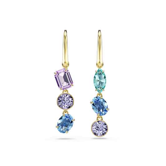 Gema drop earrings, Asymmetrical design, Mixed cuts, Multicolored, 18K gold finish
