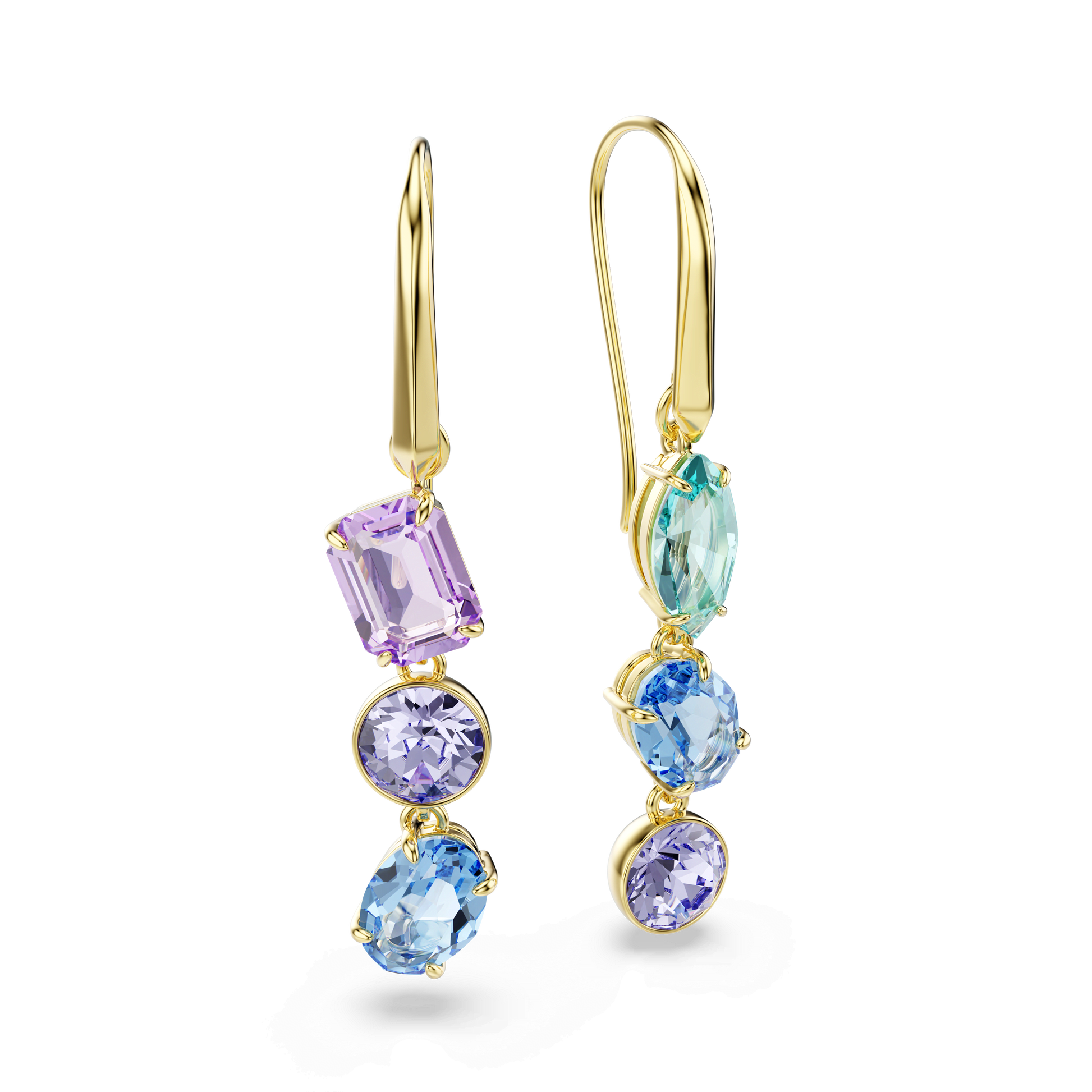 Gema drop earrings, Asymmetrical design, Mixed cuts, Multicolored, 18K gold finish
