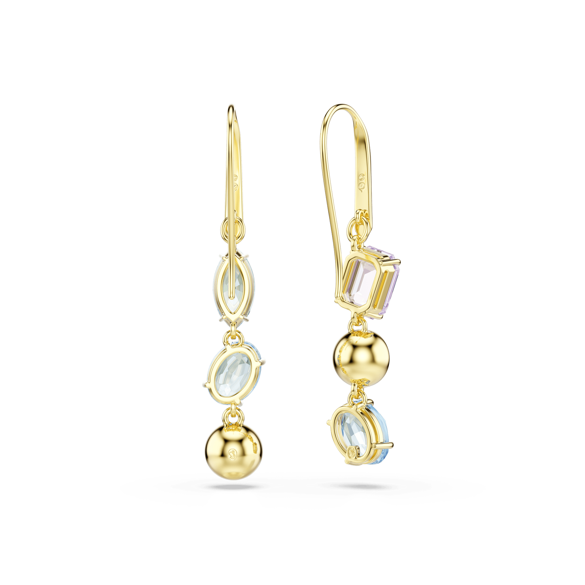 Gema drop earrings, Asymmetrical design, Mixed cuts, Multicolored, 18K gold finish