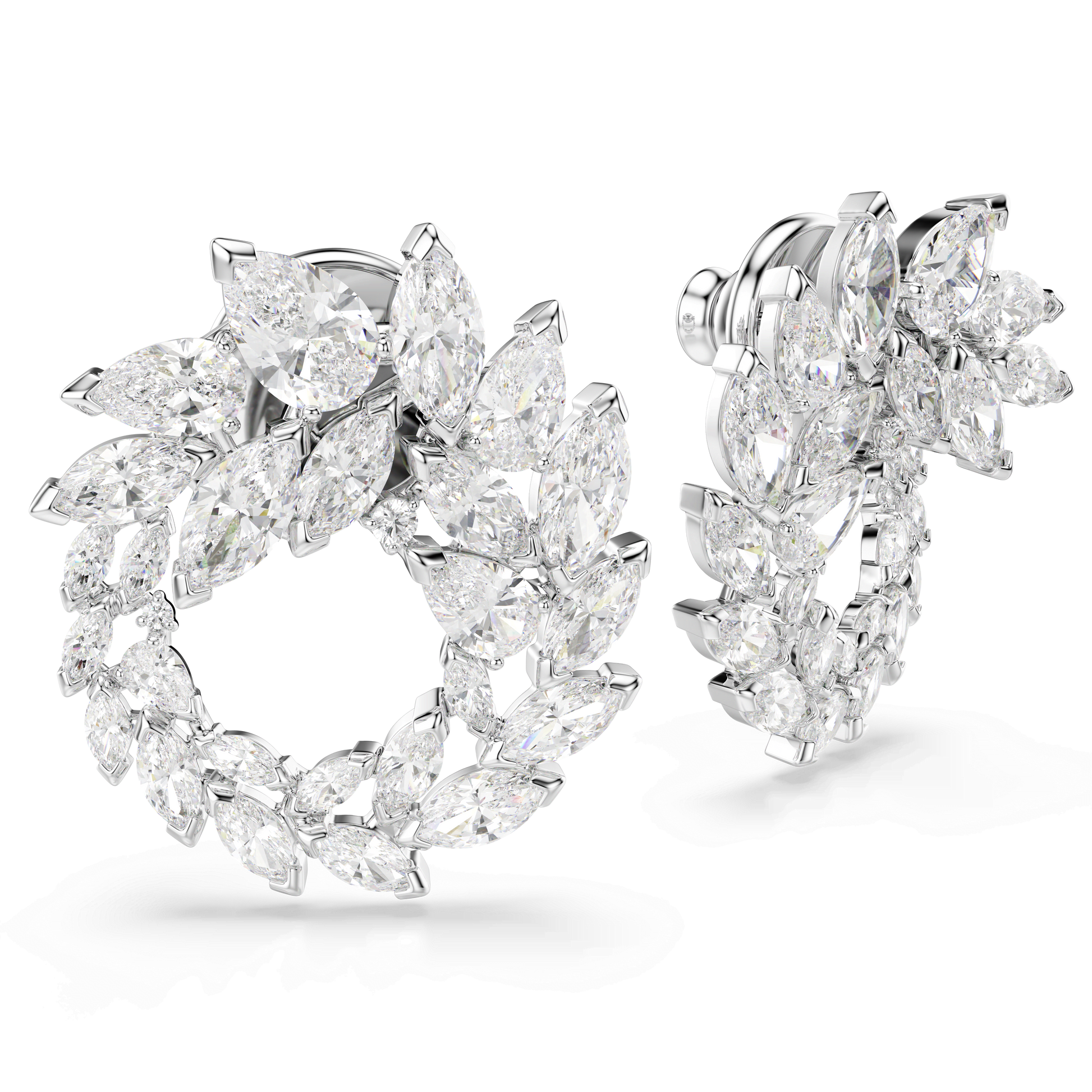 Mesmera hoop earrings, Marquise cut, White, Rhodium plated