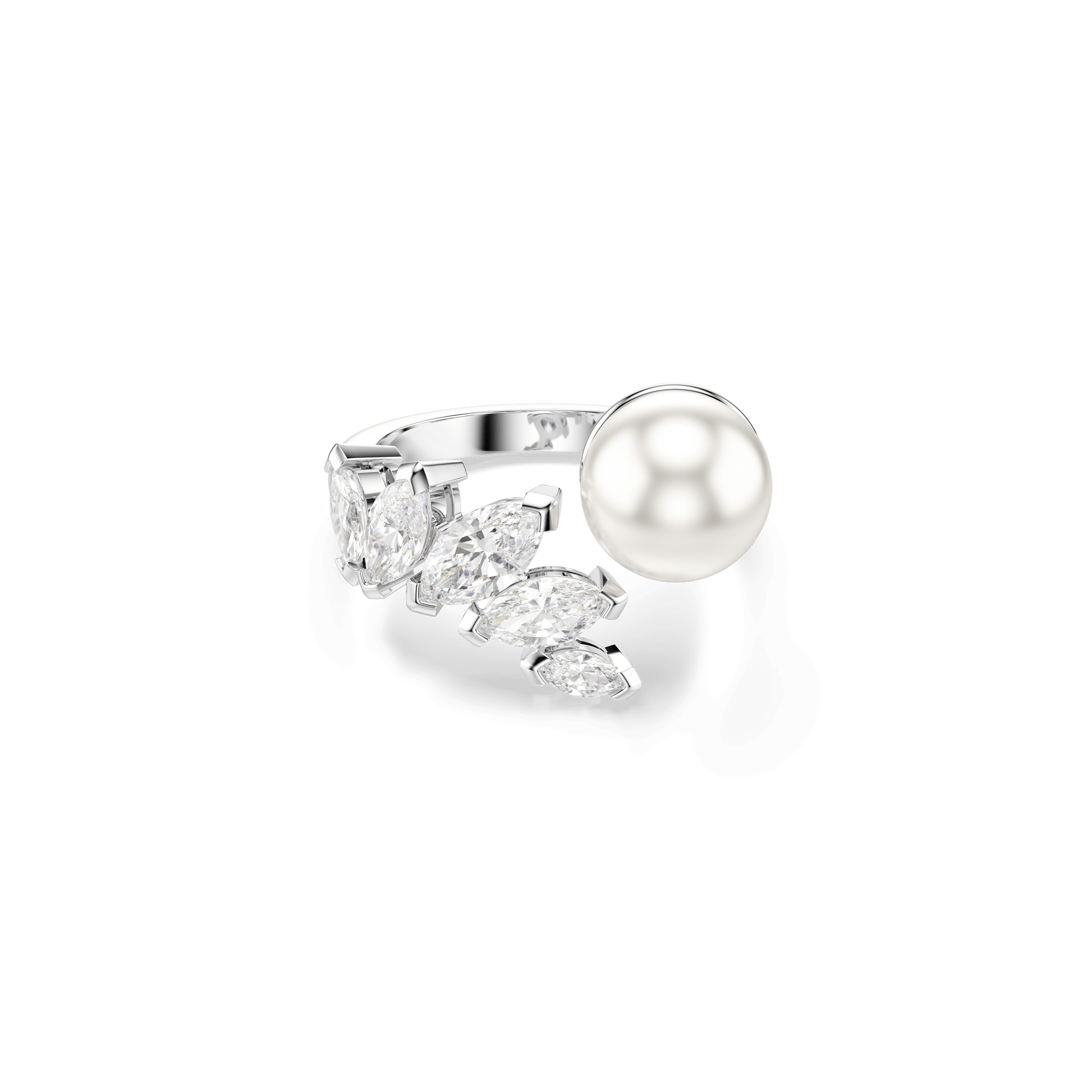 Mesmera open ring, Crystal pearl, Marquise cut, White, Rhodium plated