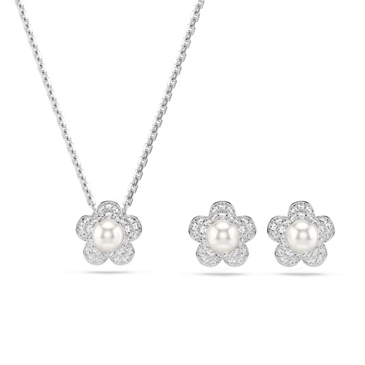 Ariana Grande x Swarovski set, Crystal pearl, Round cut, Flower, White, Rhodium plated