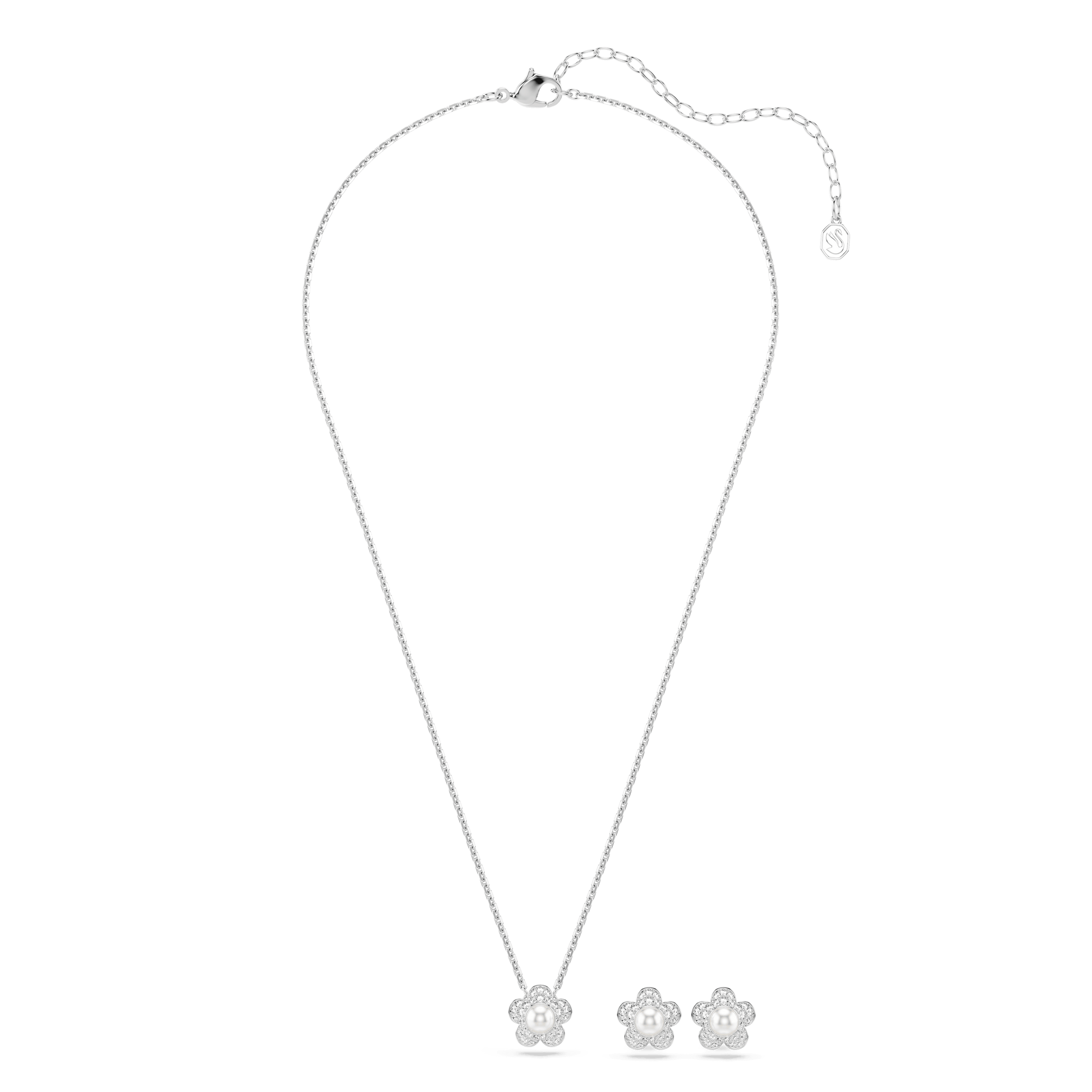 Ariana Grande x Swarovski set, Crystal pearl, Round cut, Flower, White, Rhodium plated