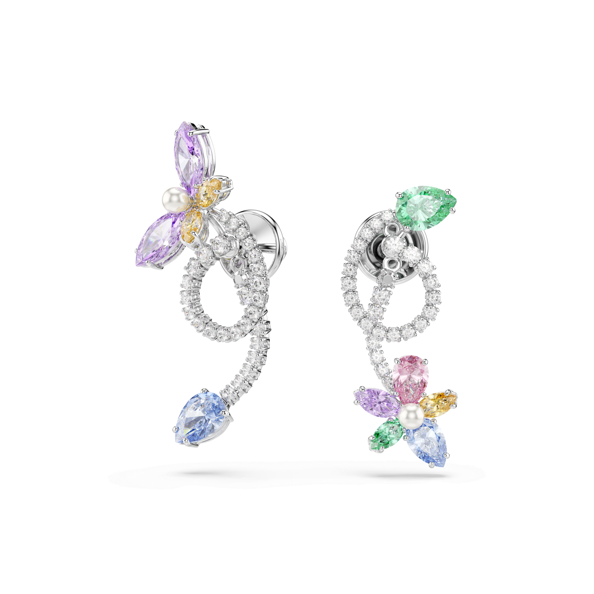 Ariana Grande x Swarovski drop earrings with ear jacket, Mixed cuts, Dragonfly, Flower, Multicolored, Rhodium plated