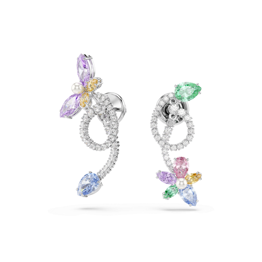 Ariana Grande x Swarovski drop earrings with ear jacket, Mixed cuts, Dragonfly, Flower, Multicolored, Rhodium plated