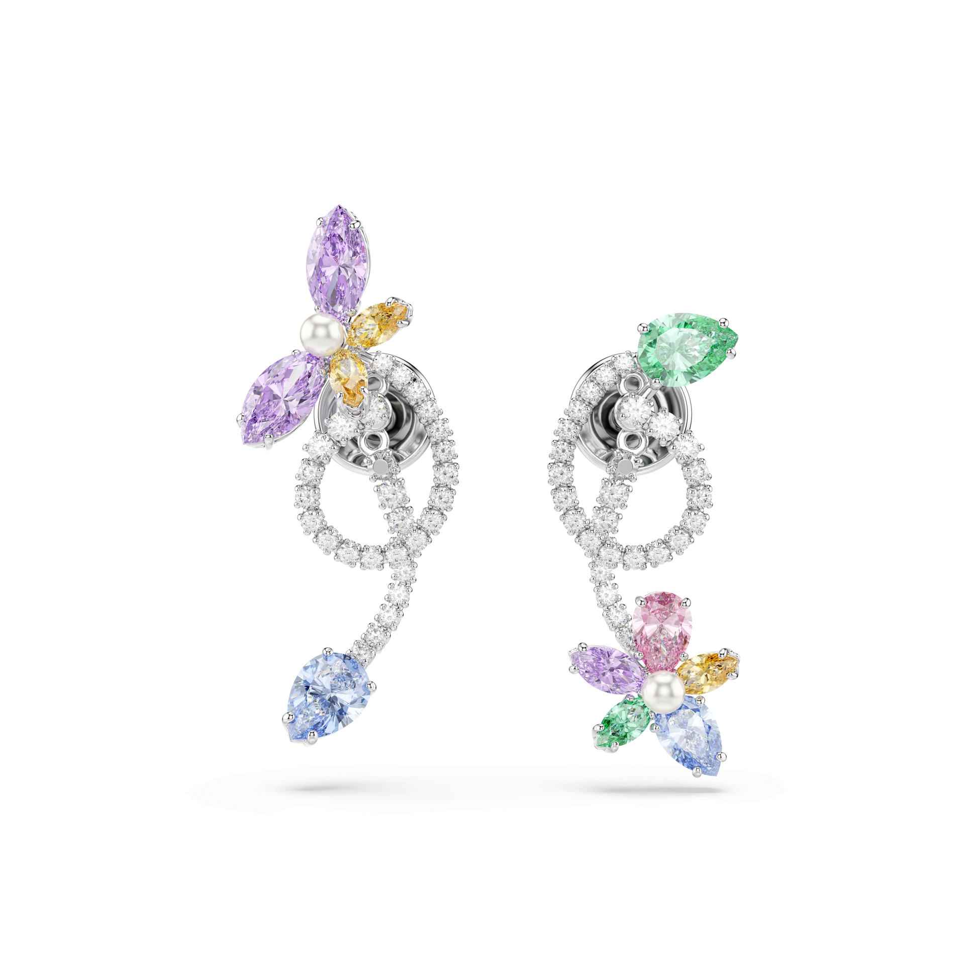 Ariana Grande x Swarovski drop earrings with ear jacket, Mixed cuts, Dragonfly, Flower, Multicolored, Rhodium plated