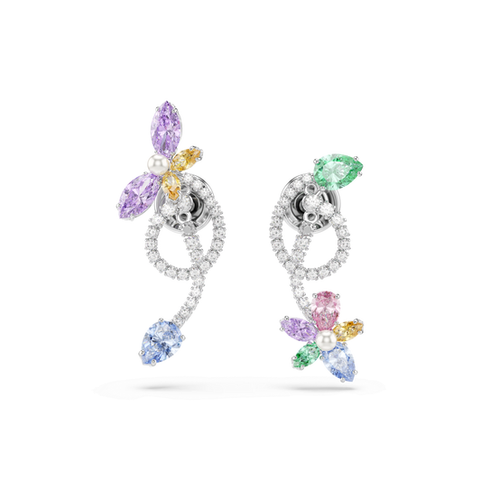 Ariana Grande x Swarovski drop earrings with ear jacket, Mixed cuts, Dragonfly, Flower, Multicolored, Rhodium plated