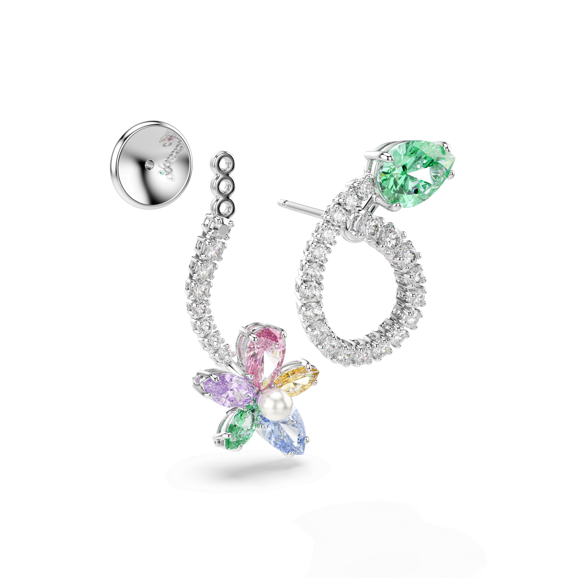 Ariana Grande x Swarovski drop earrings with ear jacket, Mixed cuts, Dragonfly, Flower, Multicolored, Rhodium plated
