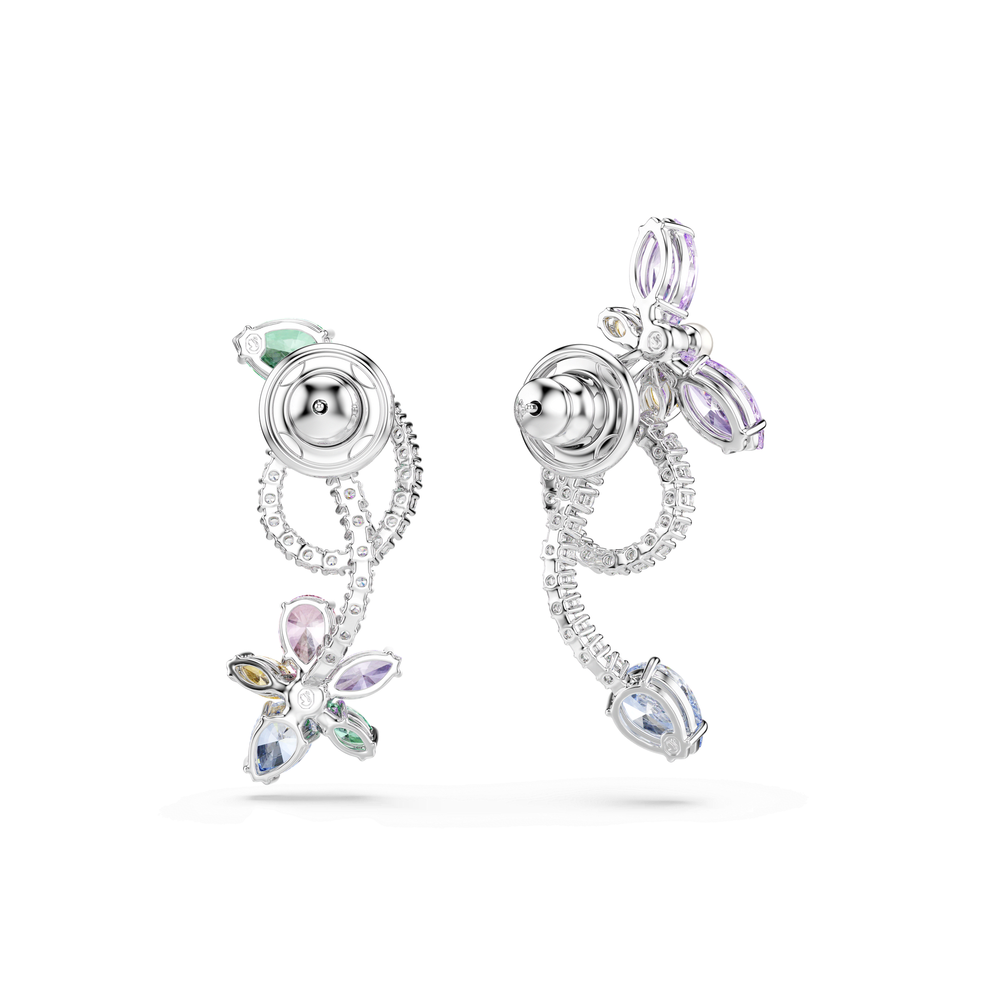 Ariana Grande x Swarovski drop earrings with ear jacket, Mixed cuts, Dragonfly, Flower, Multicolored, Rhodium plated