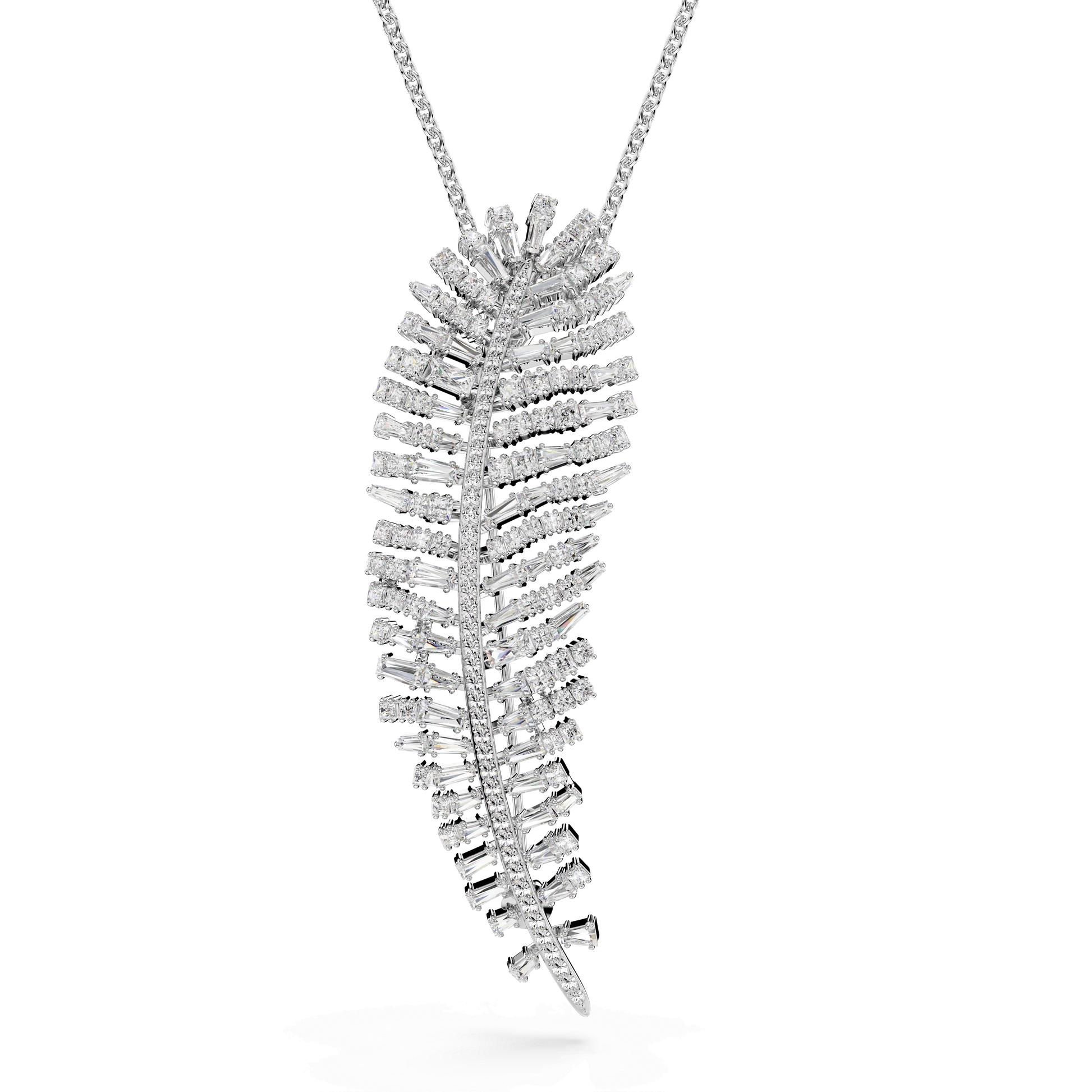 Vienna pendant and brooch, Mixed cuts, Feather, White, Rhodium plated