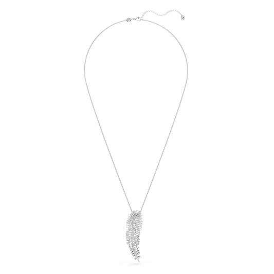 Vienna pendant and brooch, Mixed cuts, Feather, White, Rhodium plated