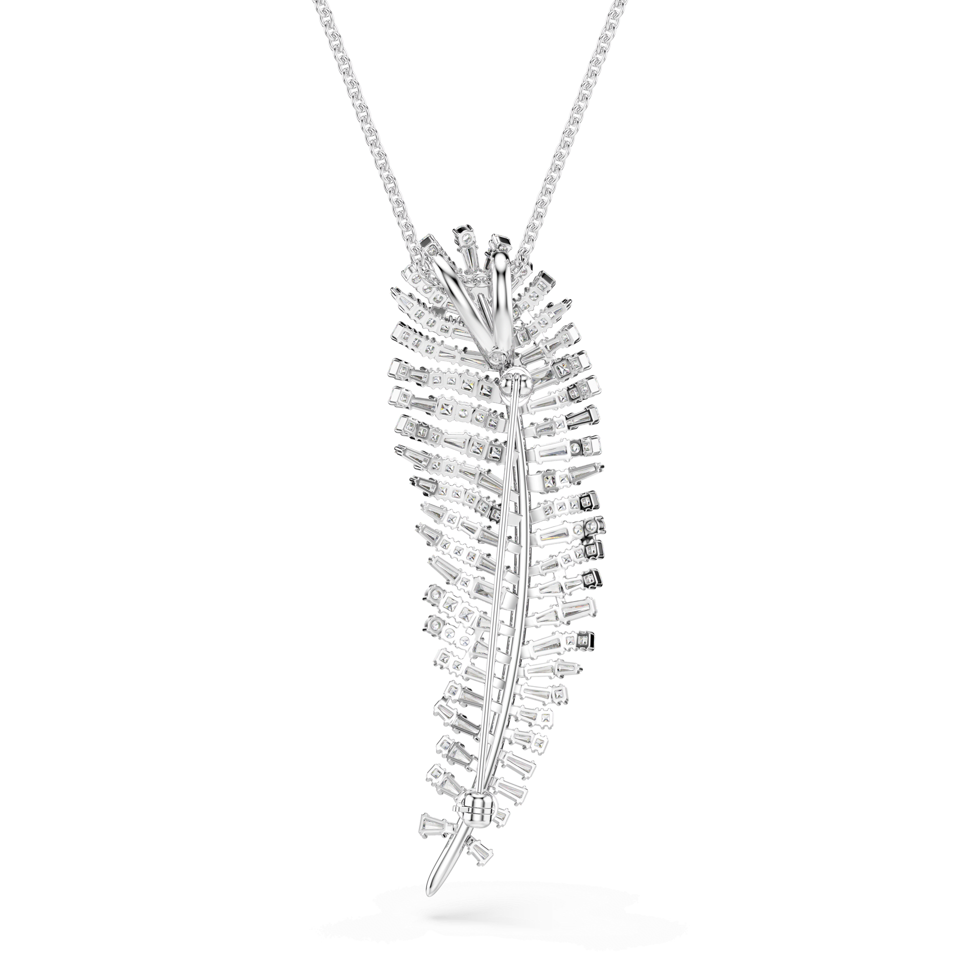 Vienna pendant and brooch, Mixed cuts, Feather, White, Rhodium plated