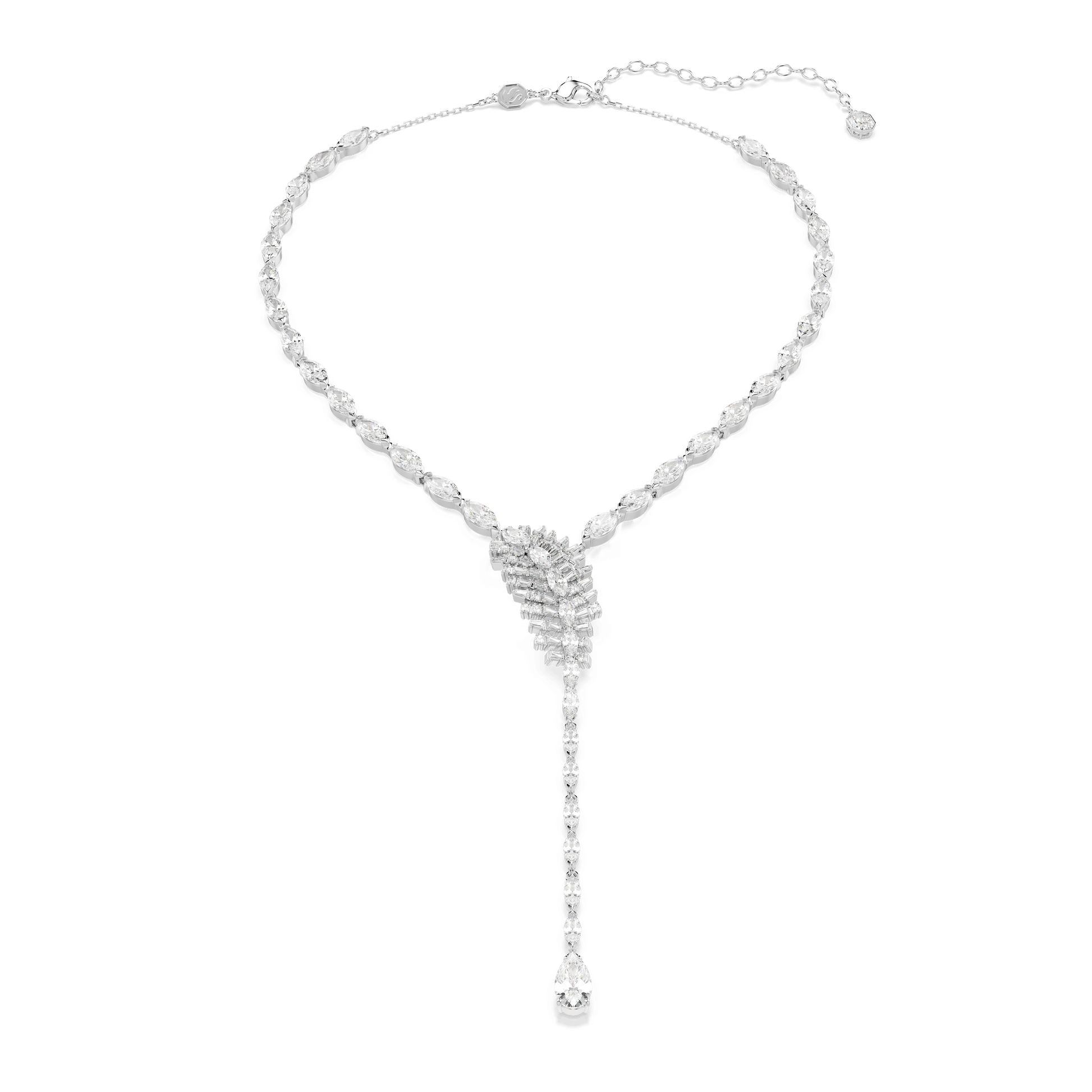 Vienna Y necklace, Mixed cuts, Feather, White, Rhodium plated