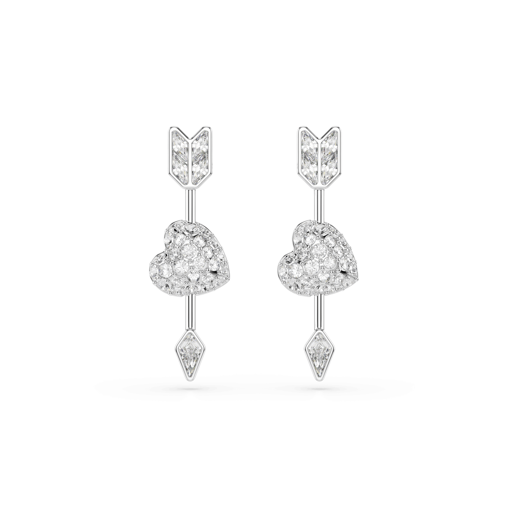 Idyllia drop earrings, Mixed cuts, Heart with arrow, White, Rhodium plated