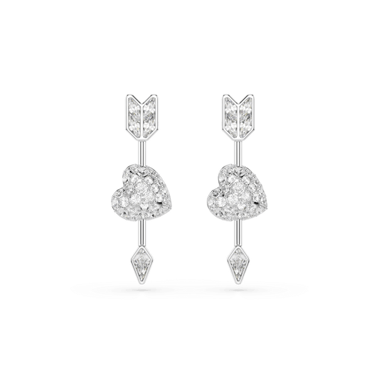 Idyllia drop earrings, Mixed cuts, Heart with arrow, White, Rhodium plated