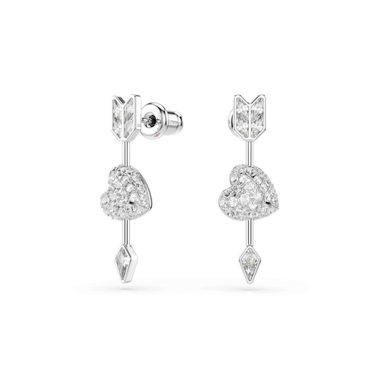 Idyllia drop earrings, Mixed cuts, Heart with arrow, White, Rhodium plated