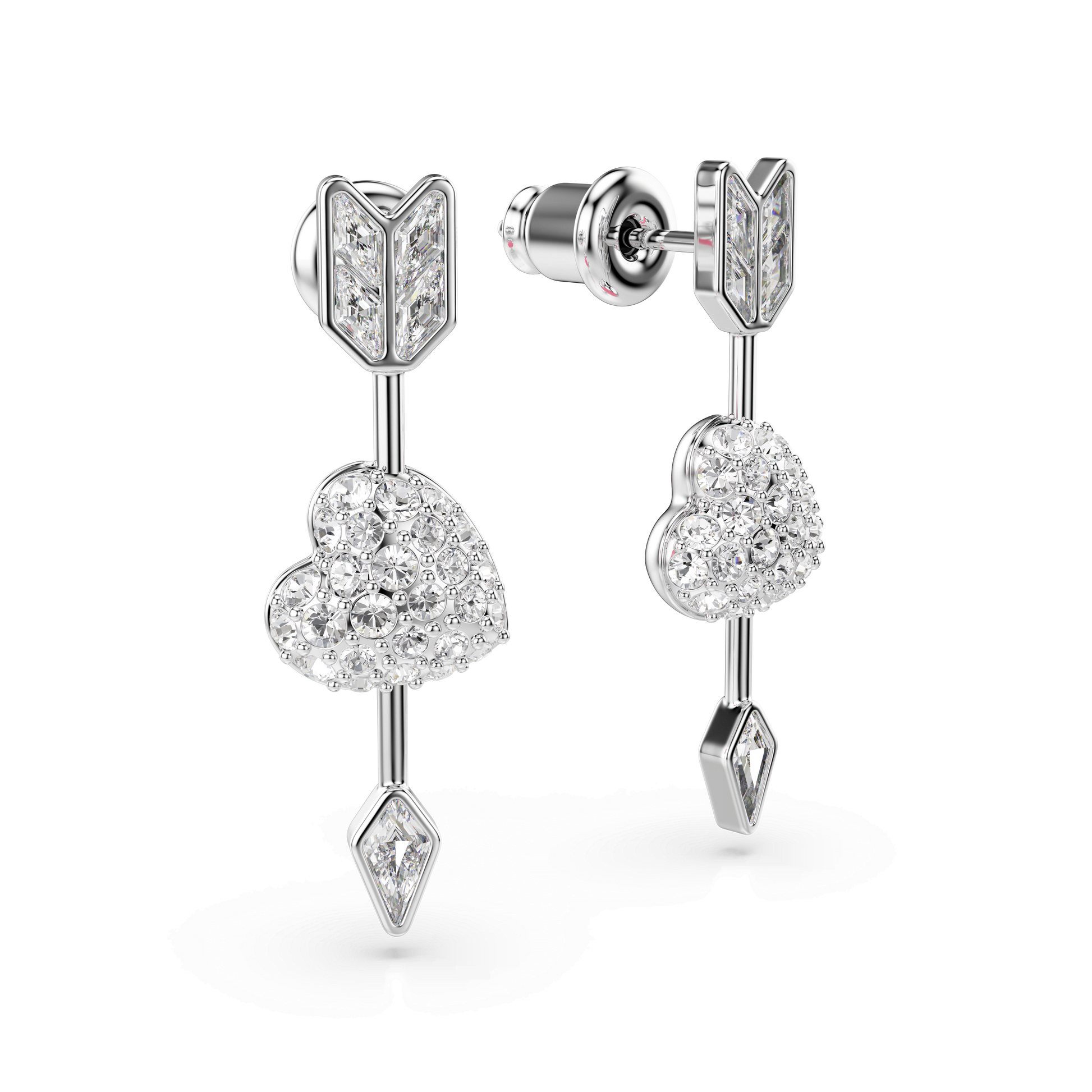 Idyllia drop earrings, Mixed cuts, Heart with arrow, White, Rhodium plated