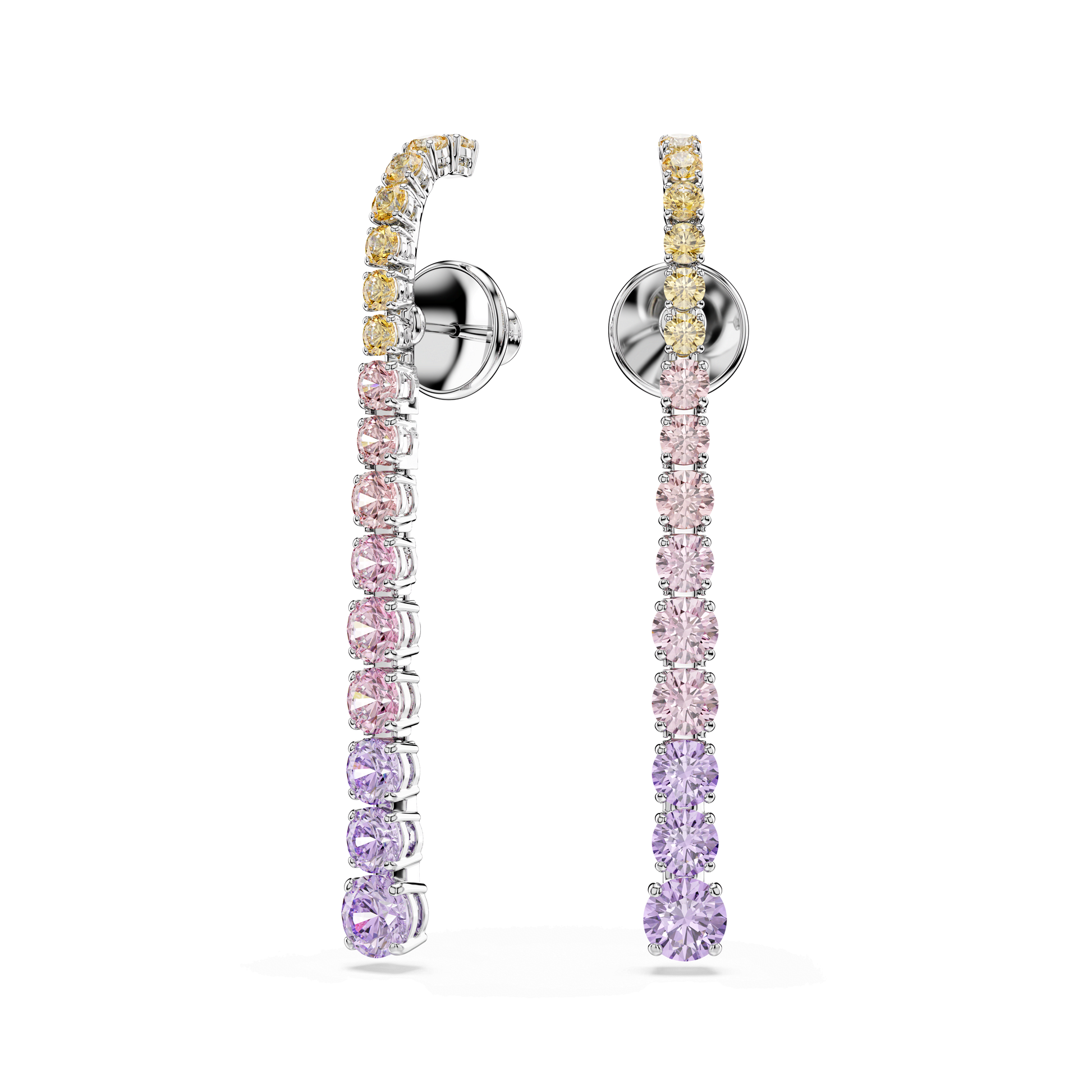 Matrix drop earrings, Gradient of round cuts, Multicolored, Rhodium plated