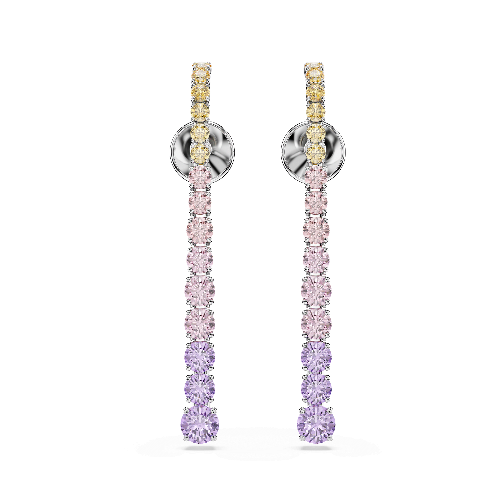 Matrix drop earrings, Gradient of round cuts, Multicolored, Rhodium plated