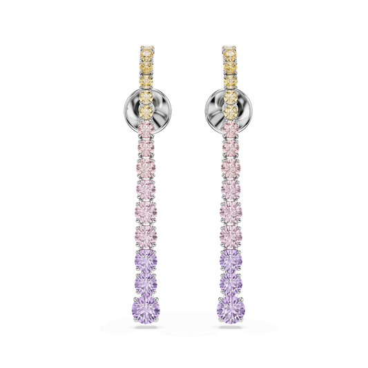 Matrix drop earrings, Gradient of round cuts, Multicolored, Rhodium plated