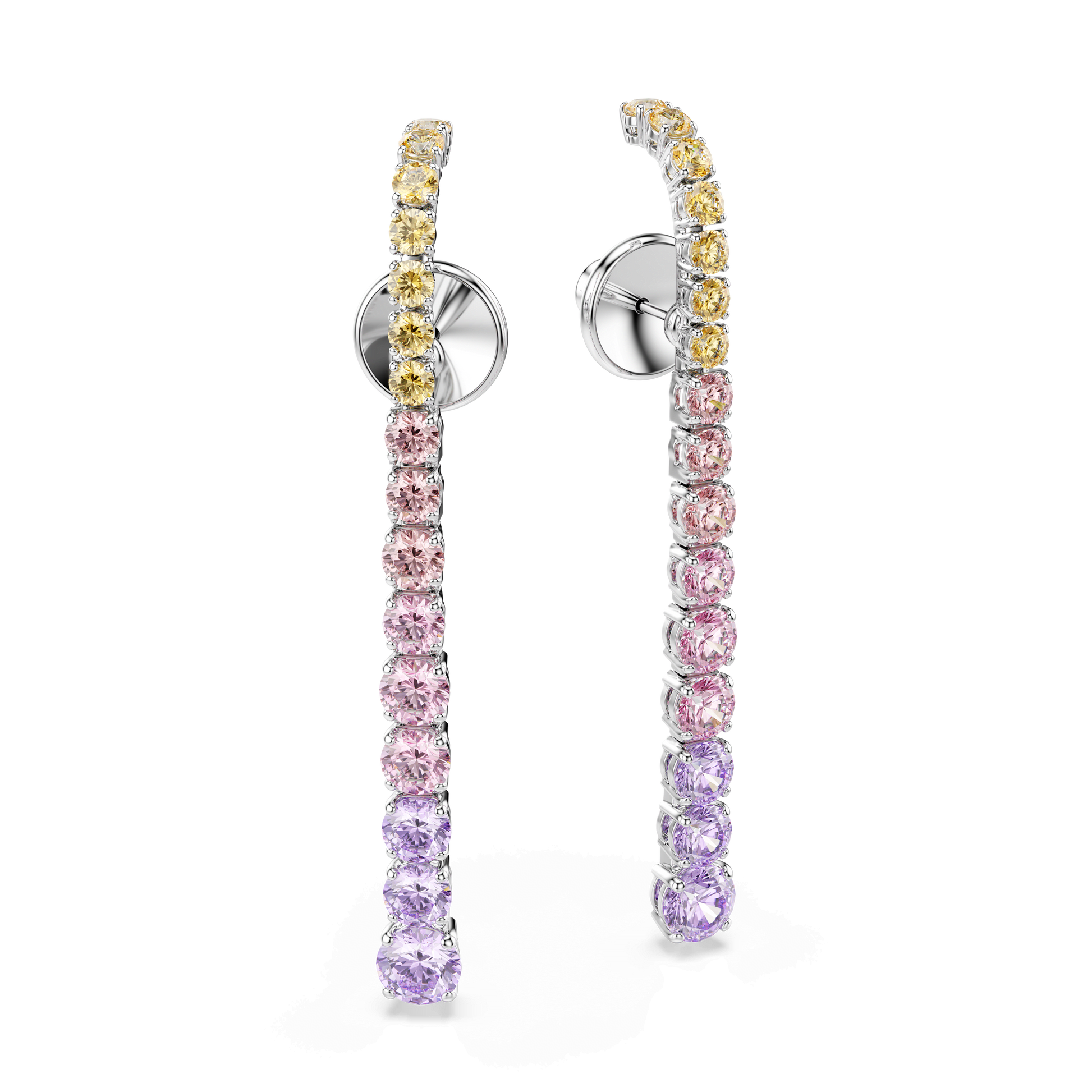Matrix drop earrings, Gradient of round cuts, Multicolored, Rhodium plated