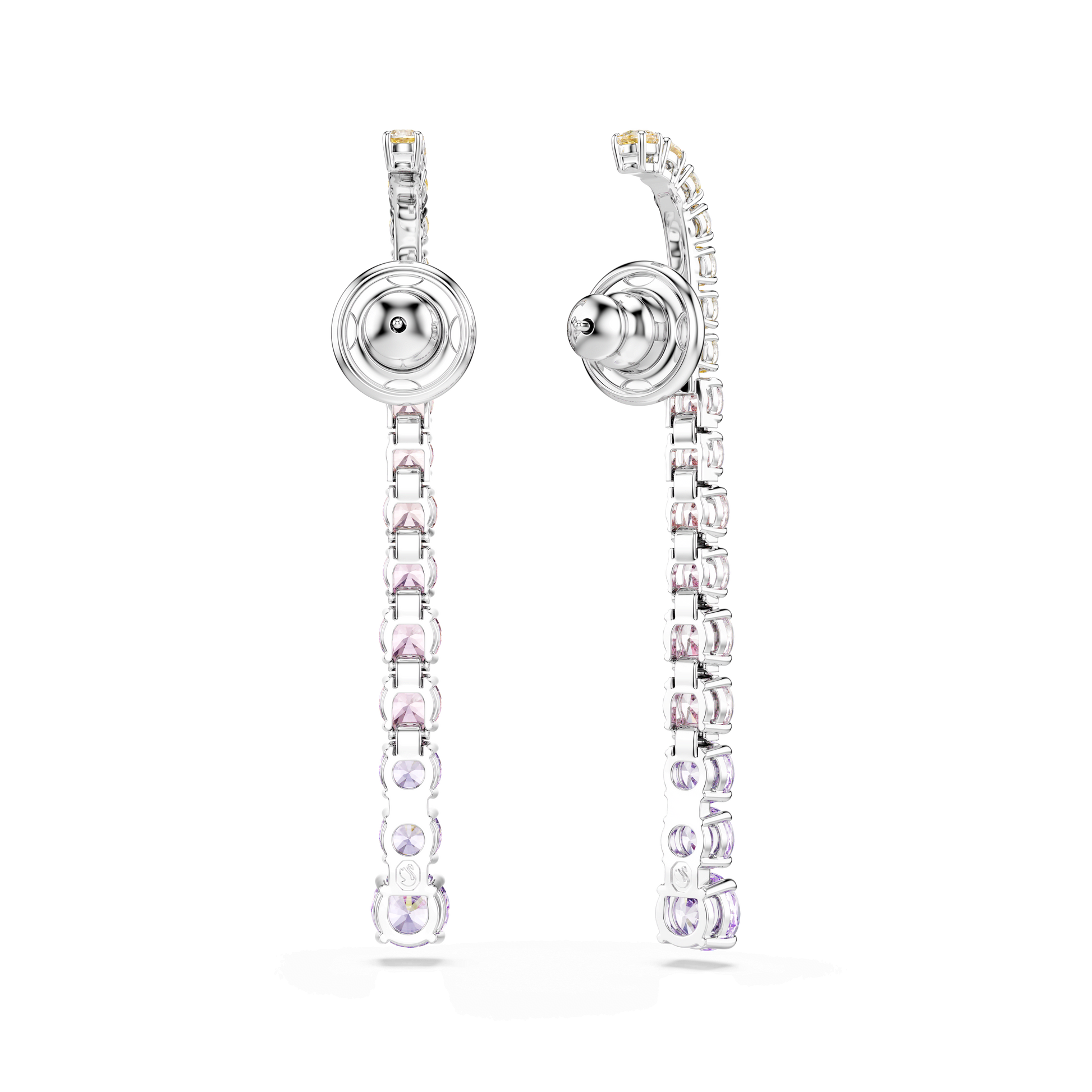 Matrix drop earrings, Gradient of round cuts, Multicolored, Rhodium plated