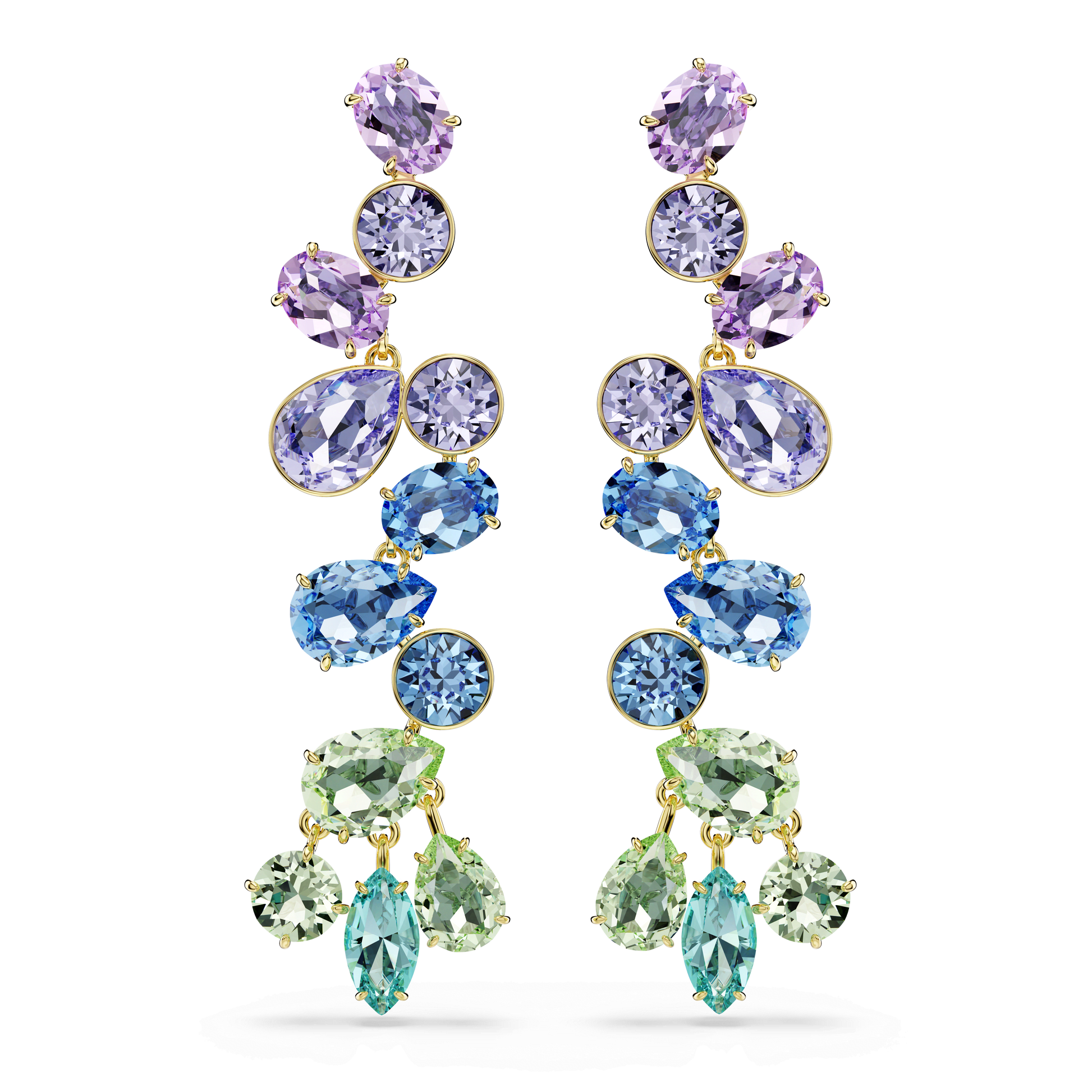 Gema drop earrings, Mixed cuts, Chandelier, Long, Multicolored, 18K gold finish